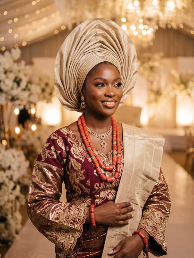 Adaeze in a champagne gele and coral beads