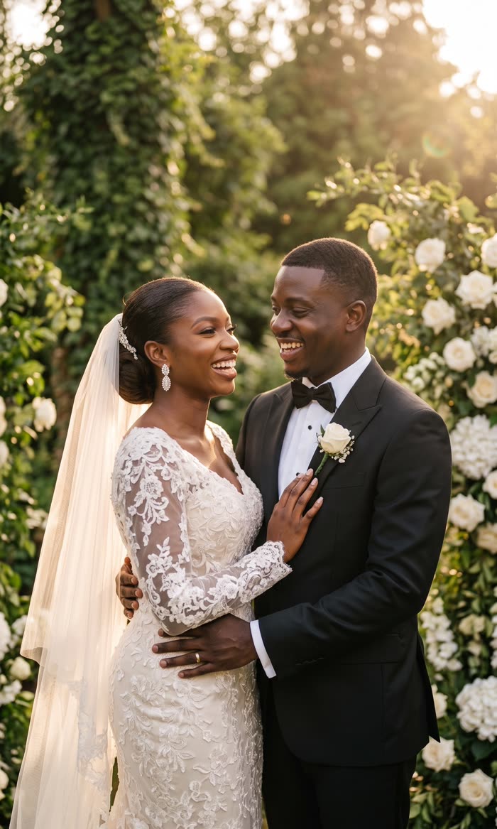 Adaeze and Tobi laughing at their white wedding