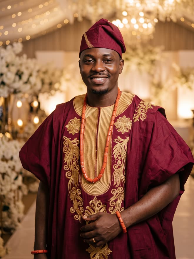 Tobi in a wine agbada and fila