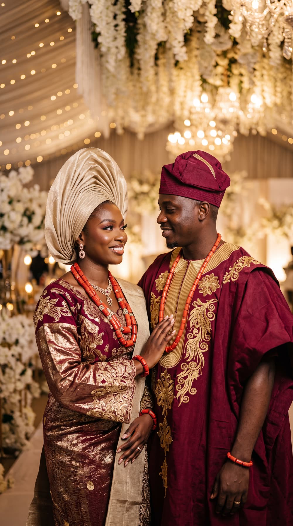 Adaeze and Tobi in wine and gold traditional attire, smiling at each other