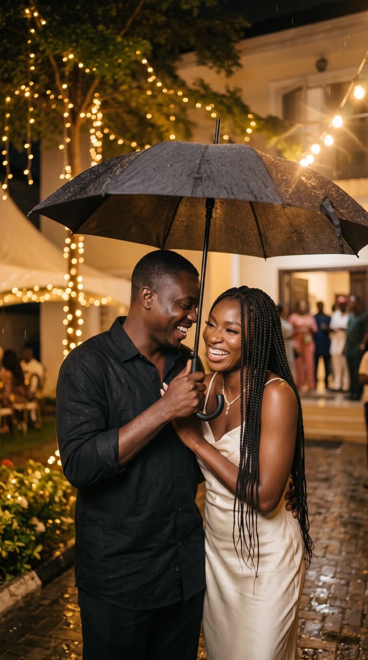 Laughing together under an umbrella in the rain at a party