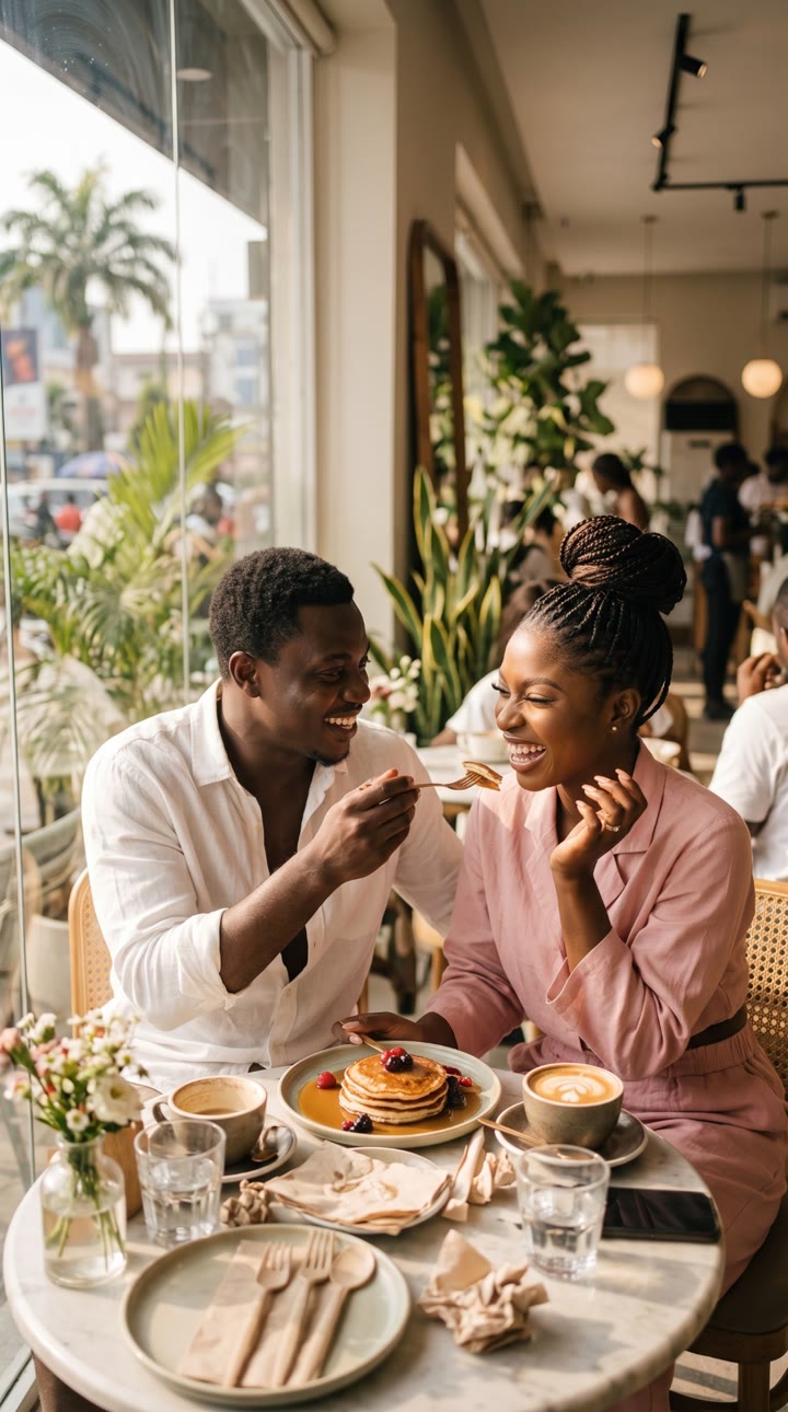 Tobi feeding Adaeze pancakes at brunch