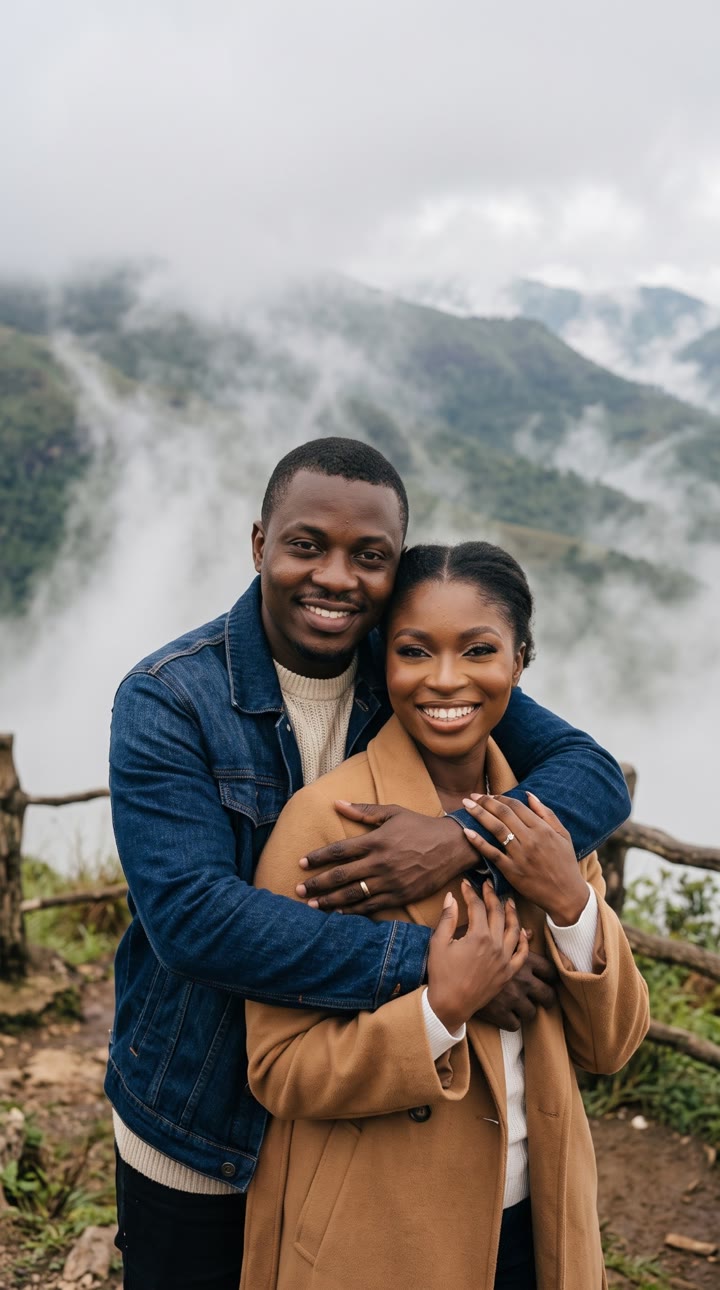 Hugging on a misty mountain viewpoint
