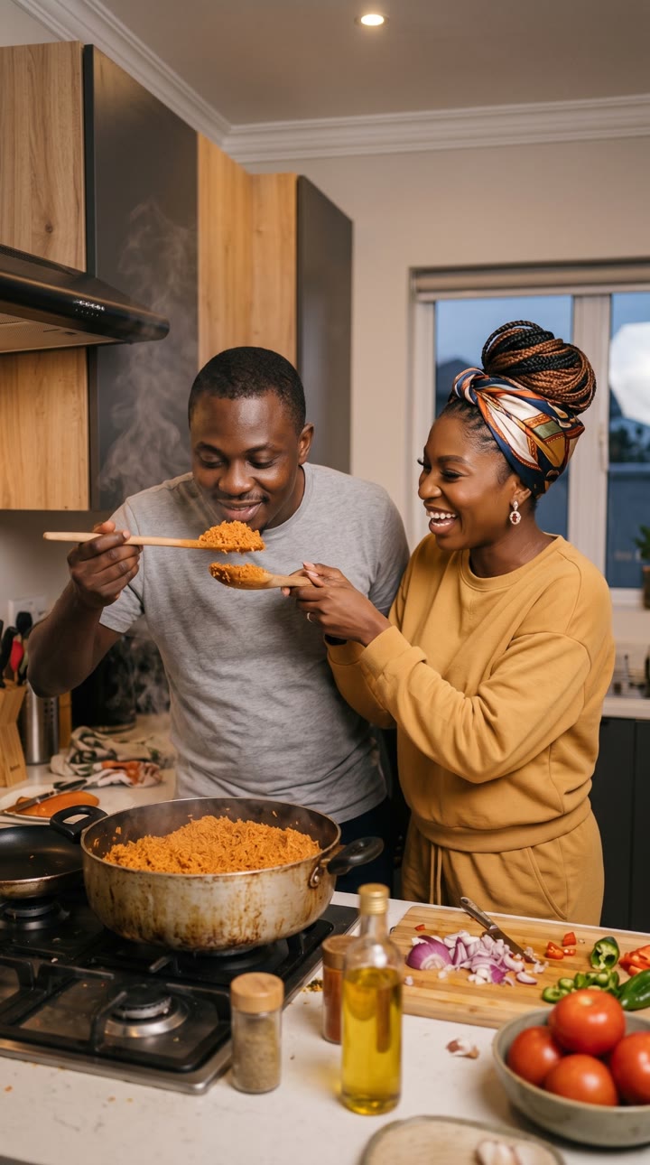 Tasting jollof rice together in the kitchen