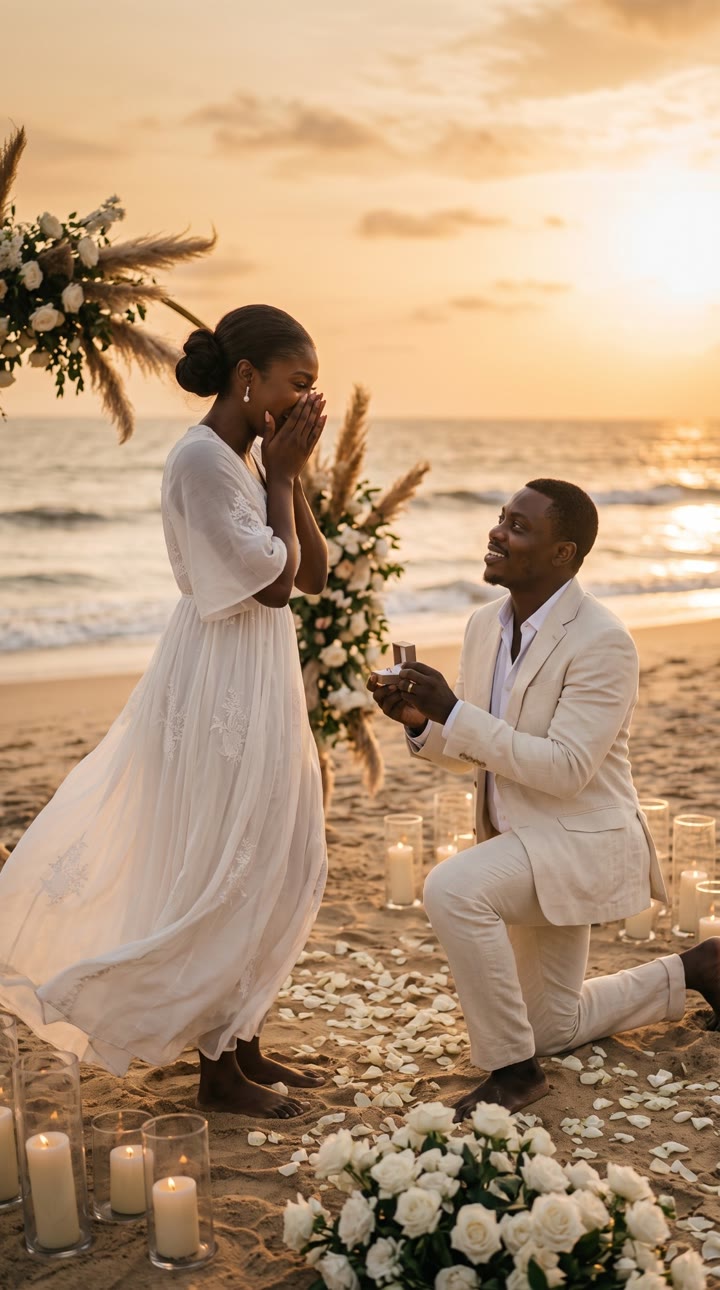 Tobi on one knee proposing on the beach at sunset