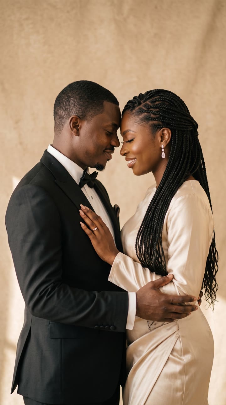 Foreheads touching in a studio portrait